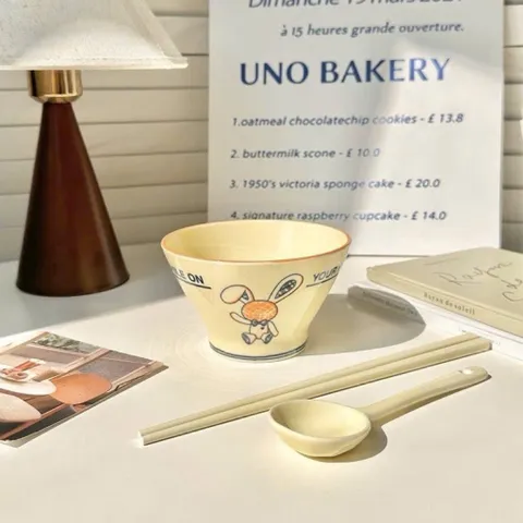 Bộ Bát Đĩa Sứ 4 Món Cao Cấp Hình Thỏ Bunny Vintage – Set Đồ Ăn Sứ Chống Nóng Gồm Bát, Đĩa, Thìa, Đũa Decor Bàn Ăn 814343
