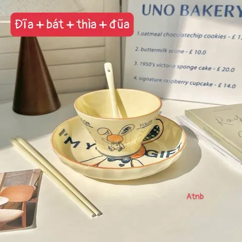 Bộ Bát Đĩa Sứ 4 Món Cao Cấp Hình Thỏ Bunny Vintage – Set Đồ Ăn Sứ Chống Nóng Gồm Bát, Đĩa, Thìa, Đũa Decor Bàn Ăn 814343