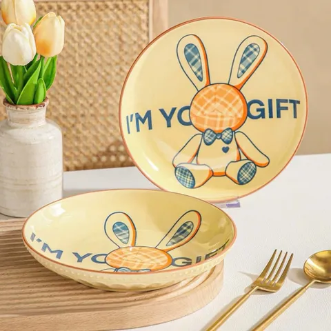 Bộ Bát Đĩa Sứ 4 Món Cao Cấp Hình Thỏ Bunny Vintage – Set Đồ Ăn Sứ Chống Nóng Gồm Bát, Đĩa, Thìa, Đũa Decor Bàn Ăn 814343