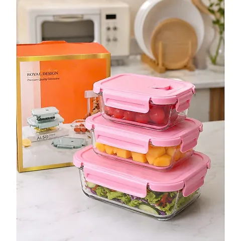 Set 3 Hộp Thủy Tinh Khóa Hộp Đựng Thực Phẩm Borosilicate Cao Cấp Chịu Nhiệt Lò Vi Sóng 410ml 680ml 1000ml Royal Design 814345