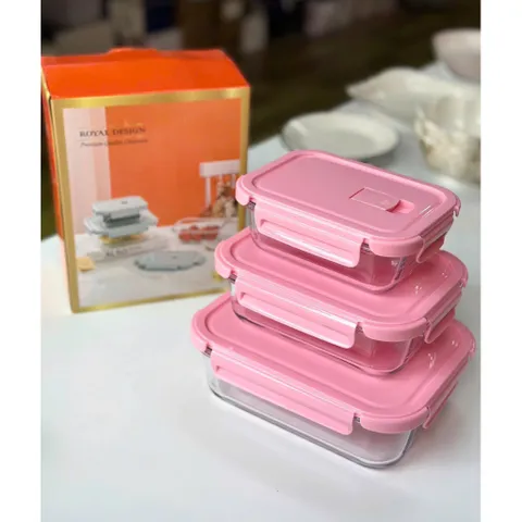 Set 3 Hộp Thủy Tinh Khóa Hộp Đựng Thực Phẩm Borosilicate Cao Cấp Chịu Nhiệt Lò Vi Sóng 410ml 680ml 1000ml Royal Design 814345