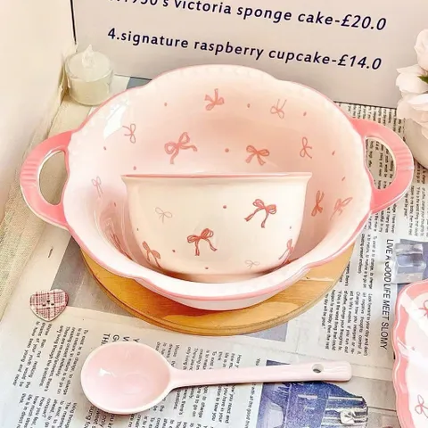 Sét Bát Đĩa Sứ Họa Tiết Nơ Hồng  - Tô Sứ Hai Quai Decor Xinh Xắn, Bát Ăn Cơm Gốm Sứ Cao Cấp Phong Cách Hàn Quốc 814368