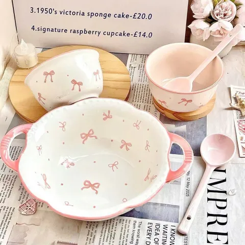 Sét Bát Đĩa Sứ Họa Tiết Nơ Hồng  - Tô Sứ Hai Quai Decor Xinh Xắn, Bát Ăn Cơm Gốm Sứ Cao Cấp Phong Cách Hàn Quốc 814368
