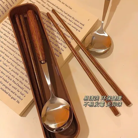 ộ Thìa Đũa Dĩa Thép Không Gỉ Cầm Tay Bằng Gỗ - Dụng Cụ Du Lịch Cắm Trại Văn Phòng Dã Ngoại 814372