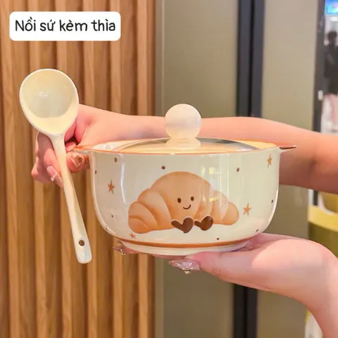 Thố Sứ Có Tay Cầm Kèm Nắp Chống Nóng, Bát Đựng Soup Salad Decor Hình Gấu Và Trái Cây Cao Cấp Dùng Được Lò Vi Sóng 814379