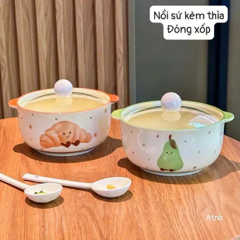 Thố Sứ Có Tay Cầm Kèm Nắp Chống Nóng, Bát Đựng Soup Salad Decor Hình Gấu Và Trái Cây Cao Cấp Dùng Được Lò Vi Sóng 814379