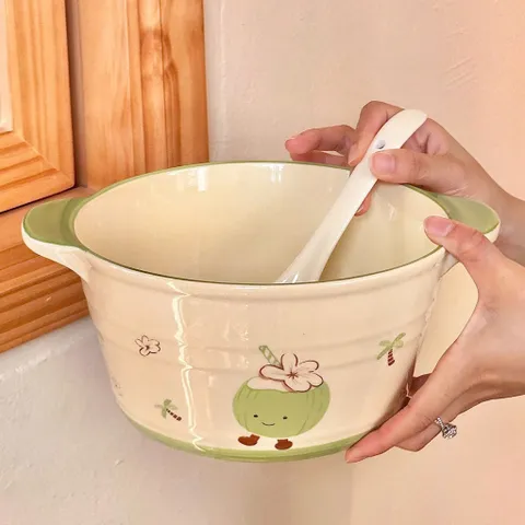 Tô Sứ Có Quai Kèm Muôi Decor Họa Tiết Trái Dừa Xanh Siêu Dễ Thương - Thố Sứ Ăn Mì, Đựng Canh, Salad Phong Cách Hàn Quốc 814390