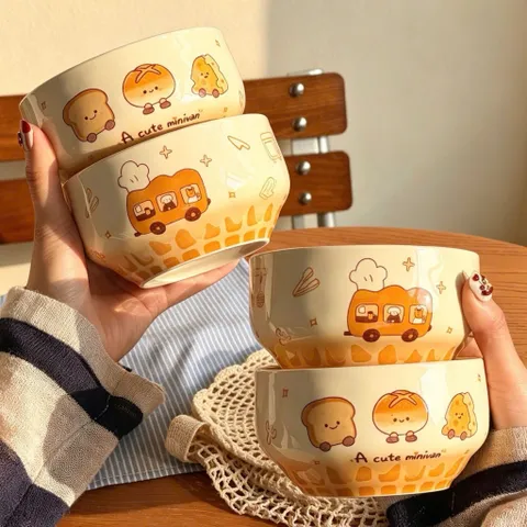 Set 4 Bát Kèm 4 Thìa Sứ Phong Cách Hàn Quốc Họa Tiết Bánh Mì Siêu Cute - Chén Ăn Cơm, Đựng Cháo, Ngũ Cốc Decor Bàn Ăn 814394