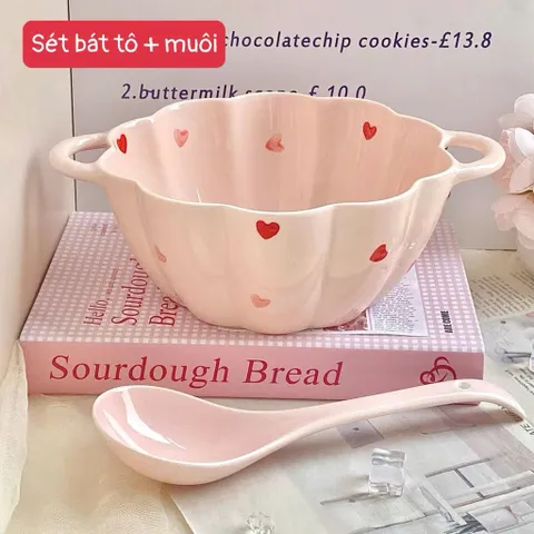 Set Tô Sứ Kèm Thìa Hình Hoa Hoạ Tiết Trái Tim Dễ Thương - Bát Ăn Mì, Ăn Sáng Cao Cấp, Bát Decor Bàn Ăn 814397