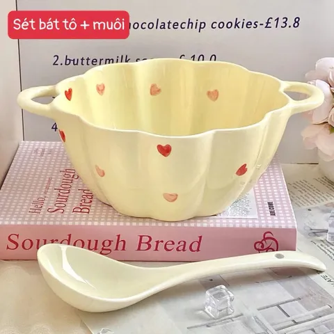 Set Tô Sứ Kèm Thìa Hình Hoa Hoạ Tiết Trái Tim Dễ Thương - Bát Ăn Mì, Ăn Sáng Cao Cấp, Bát Decor Bàn Ăn 814397