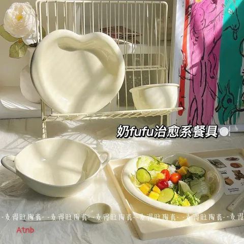 Bộ Sát Bát Đĩa Sứ Trắng Kem 6 Món Phong Cách Hàn Quốc - Tô Có Quai, Đĩa Trái Tim Decor Tinh Tế, Sang Trọng 814414