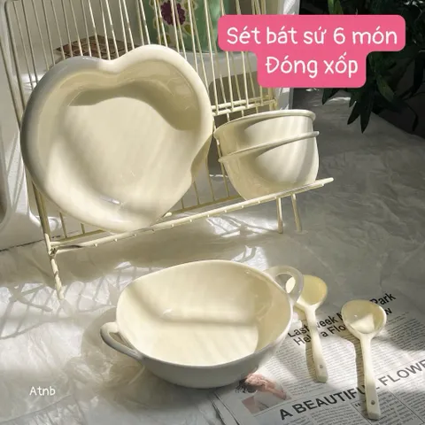 Bộ Sát Bát Đĩa Sứ Trắng Kem 6 Món Phong Cách Hàn Quốc - Tô Có Quai, Đĩa Trái Tim Decor Tinh Tế, Sang Trọng 814414
