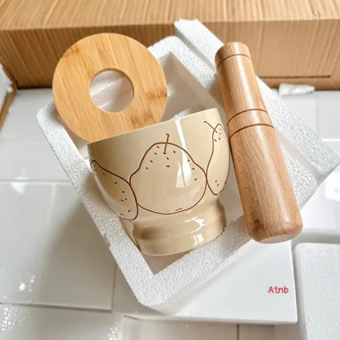 Cối Chày Sứ Kèm Nắp Gỗ 10cm - Cối Giã Tỏi Ớt, Nghiền Thảo Mộc, Gia Vị Phong Cách Hàn Quốc Trang Trí Bếp 814417