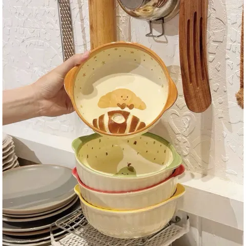 Bộ Bát Đĩa 4 Món Gốm Sứ Cao Cấp Decor - Set Bát Tô Có Quai, Chén Ăn Cơm, Thìa Đũa Họa Tiết Trái Cây Bánh Mì Dễ Thương 814416