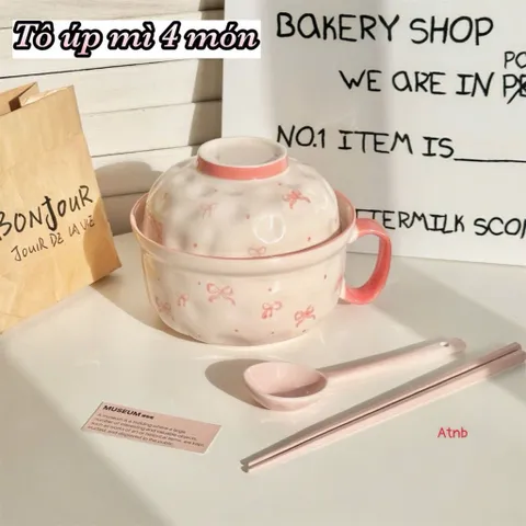 Set Bát Tô Sứ 2 Trong 1 Có Quai Cầm Kèm Nắp, Thìa, Đũa - Thiết Kế Nơ Hồng/Bông Tuyết Xinh Xắn, Bát Úp Mì, Tô Đựng Canh 814418