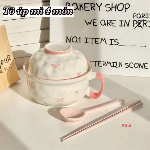 Set Bát Tô Sứ 2 Trong 1 Có Quai Cầm Kèm Nắp, Thìa, Đũa - Thiết Kế Nơ Hồng/Bông Tuyết Xinh Xắn, Bát Úp Mì, Tô Đựng Canh 814418