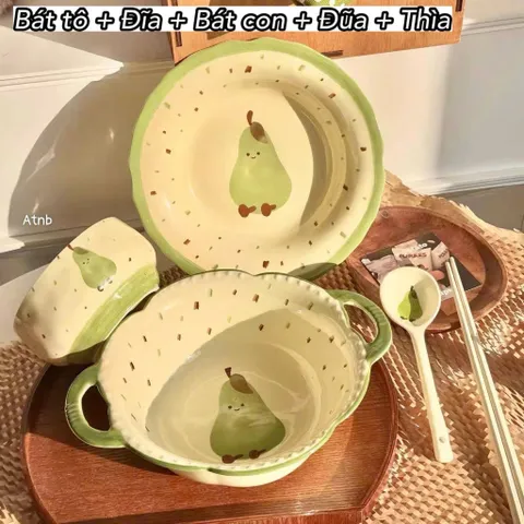 Bộ Bát Đĩa Gốm Sứ Decor Dễ Thương - Trọn Bộ Bát Tô Có Quai Ăn Mì, Bát Con Ăn Cơm, Đĩa Sứ, Thìa Đũa Họa Tiết Bánh Mì Cute 814422