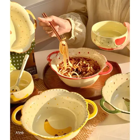 Bộ Bát Đĩa Gốm Sứ Decor Dễ Thương - Trọn Bộ Bát Tô Có Quai Ăn Mì, Bát Con Ăn Cơm, Đĩa Sứ, Thìa Đũa Họa Tiết Bánh Mì Cute 814422