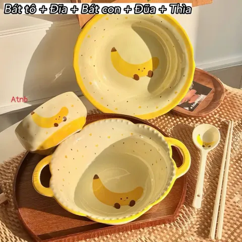 Bộ Bát Đĩa Gốm Sứ Decor Dễ Thương - Trọn Bộ Bát Tô Có Quai Ăn Mì, Bát Con Ăn Cơm, Đĩa Sứ, Thìa Đũa Họa Tiết Bánh Mì Cute 814422