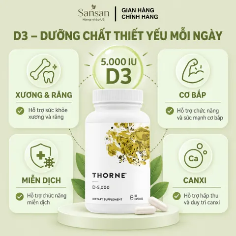 Vitamin D3 Thorne D 5000 IU 60 Viên, Bổ Sung Vitamin D3 125mcg, Hỗ Trợ Xương Cơ & Miễn Dịch, NSF Certified for Sport