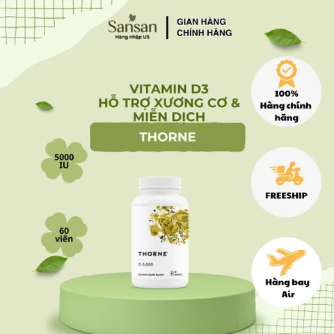 Vitamin D3 Thorne D 5000 IU 60 Viên, Bổ Sung Vitamin D3 125mcg, Hỗ Trợ Xương Cơ & Miễn Dịch, NSF Certified for Sport