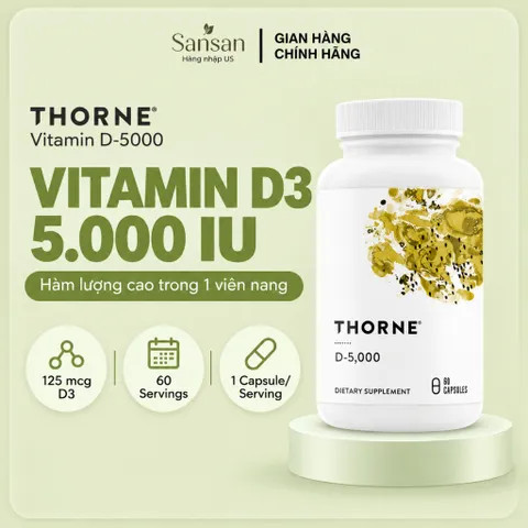 Vitamin D3 Thorne D 5000 IU 60 Viên, Bổ Sung Vitamin D3 125mcg, Hỗ Trợ Xương Cơ & Miễn Dịch, NSF Certified for Sport