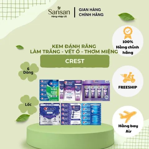 Kem Đánh Răng Crest Mỹ 59g-232g | 3D White Làm Trắng, Deep Stain Remover Vết Ố, Pro Health, Scope Thơm Miệng