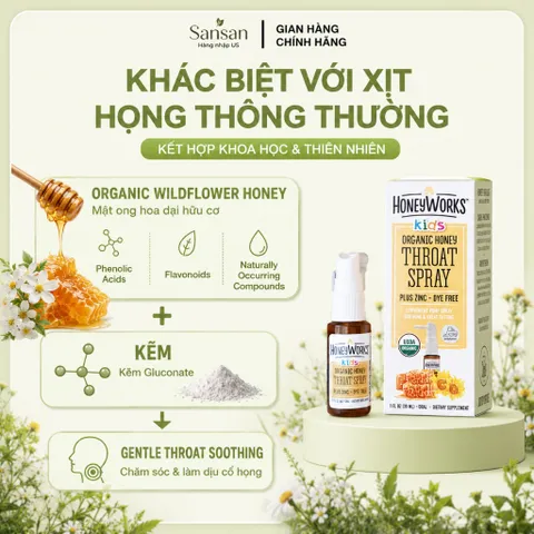 HoneyWorks Kids Xịt Họng Mật Ong Hữu Cơ & Kẽm Cho Bé Từ 12 Tháng, Làm Dịu Khô Ngứa Rát Họng 30ml