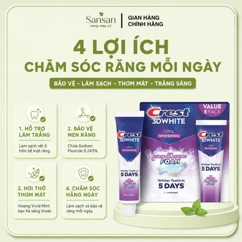Kem Đánh Răng Crest Mỹ 59g-232g | 3D White Làm Trắng, Deep Stain Remover Vết Ố, Pro Health, Scope Thơm Miệng