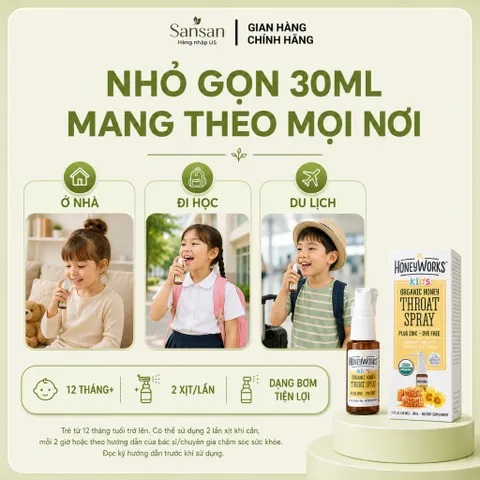HoneyWorks Kids Xịt Họng Mật Ong Hữu Cơ & Kẽm Cho Bé Từ 12 Tháng, Làm Dịu Khô Ngứa Rát Họng 30ml