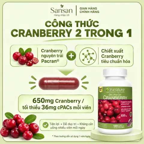 Trunature Cranberry 650mg 140 Viên Nam Việt Quất, 36mg cPACs, One Per Day