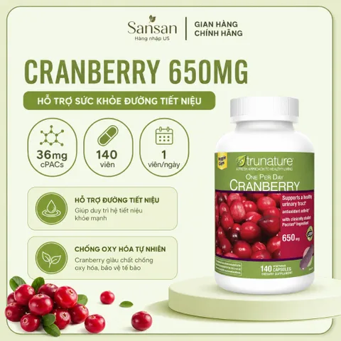 Trunature Cranberry 650mg 140 Viên Nam Việt Quất, 36mg cPACs, One Per Day
