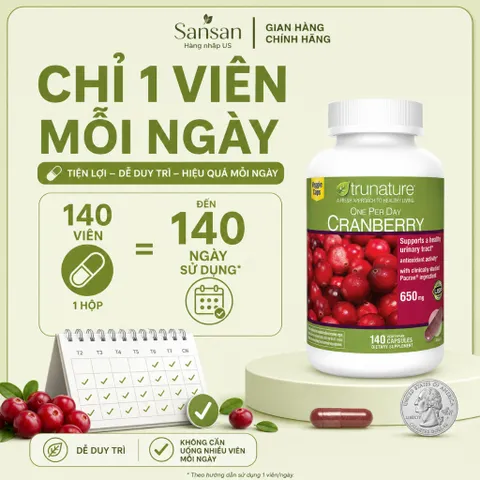 Trunature Cranberry 650mg 140 Viên Nam Việt Quất, 36mg cPACs, One Per Day