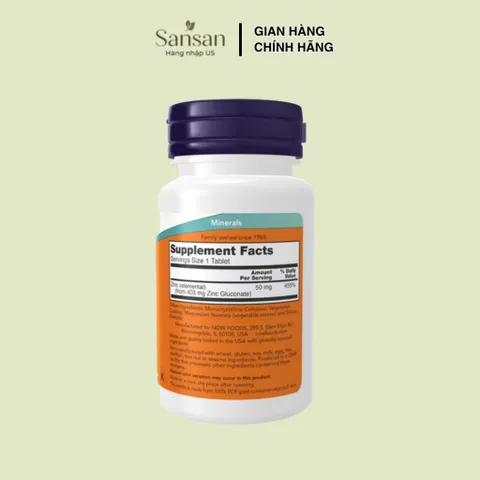 Viên Uống Bổ Sung Kẽm NOW Foods Zinc 50mg 100/ 250 Viên, Kẽm Gluconate