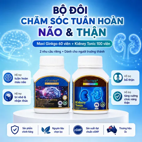 Combo Vitatree Maxi Ginkgo 9500mg 60 viên + Kidney Tonic 100 viên hỗ trợ tuần hoàn não và thận