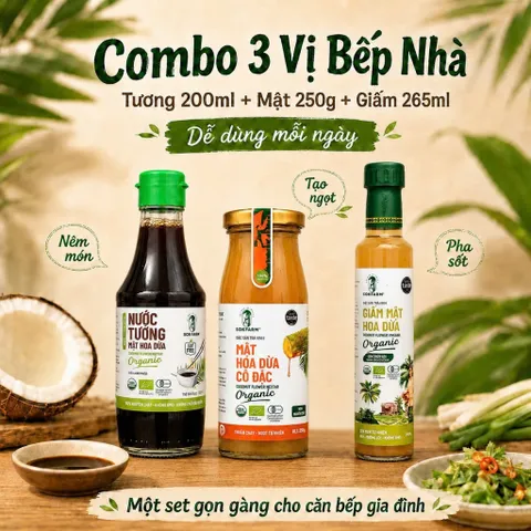 Combo 3 Vị Bếp Nhà SOKFARM Tương 200ml Mật Hoa Dừa 250g Giấm 265ml Organic