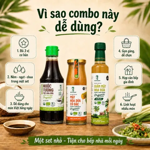 Combo 3 Vị Bếp Nhà SOKFARM Tương 200ml Mật Hoa Dừa 250g Giấm 265ml Organic