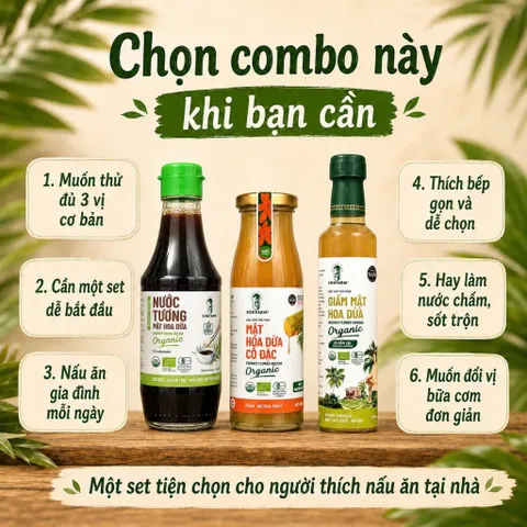 Combo 3 Vị Bếp Nhà SOKFARM Tương 200ml Mật Hoa Dừa 250g Giấm 265ml Organic