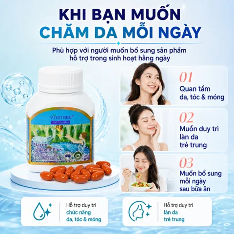 Combo Vitatree Marine Collagen Plus 100 viên + Maxi Ginkgo 9500mg 60 viên hỗ trợ da tóc móng và não
