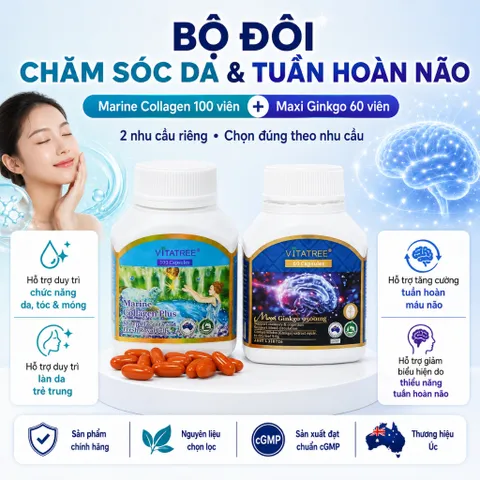 Combo Vitatree Marine Collagen Plus 100 viên + Maxi Ginkgo 9500mg 60 viên hỗ trợ da tóc móng và não