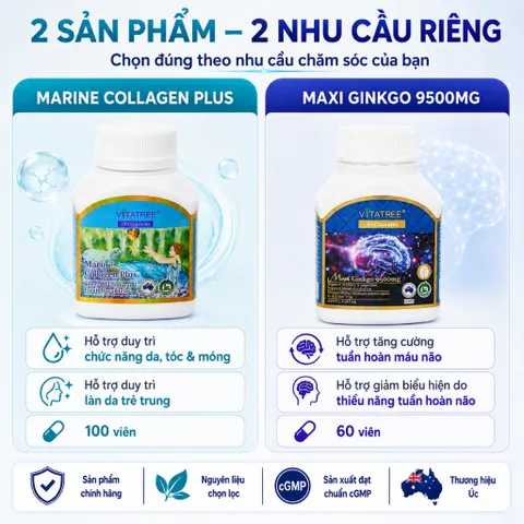 Combo Vitatree Marine Collagen Plus 100 viên + Maxi Ginkgo 9500mg 60 viên hỗ trợ da tóc móng và não