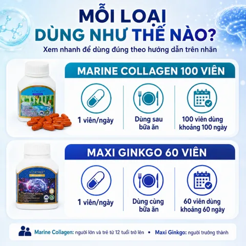 Combo Vitatree Marine Collagen Plus 100 viên + Maxi Ginkgo 9500mg 60 viên hỗ trợ da tóc móng và não
