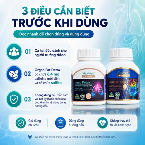 Combo Vitatree Lung Detox và Organ Fat Detox 60 viên/lọ hỗ trợ hô hấp, gan và chuyển hóa chất béo Úc