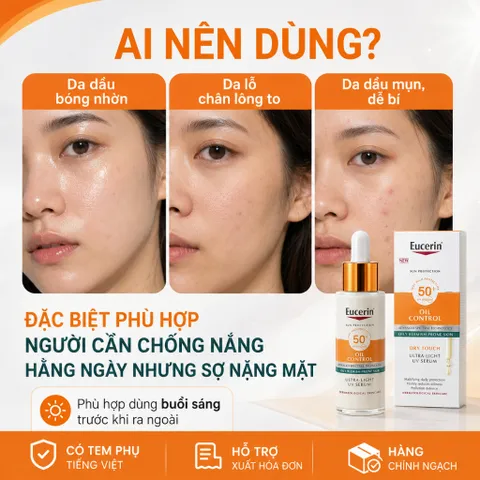 Serum chống nắng Eucerin Oil Control SPF50+ 30ml – Mỏng nhẹ, hỗ trợ kiểm soát dầu cho da dầu mụn
