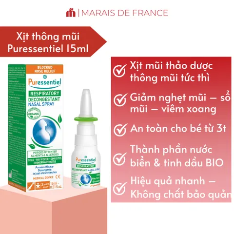 Xịt Mũi Thảo Dược Giảm Nghẹt Mũi Puressentiel Bio Respiratoire Decongestant 15ml 814590