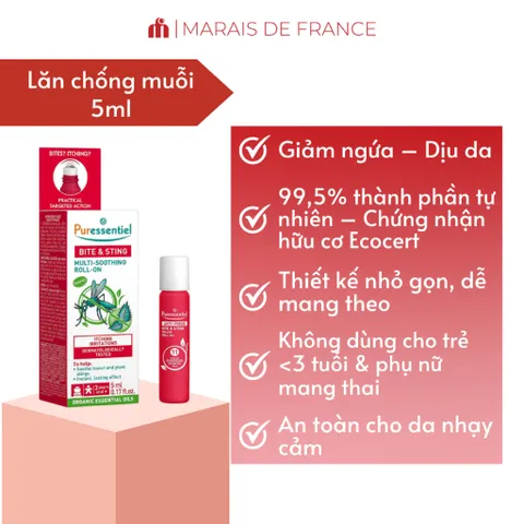 Lăn xoa muỗi đốt Puressentiel Anti-Pique Organic Roller 5ml – Tinh Dầu Hữu Cơ An Toàn 814605