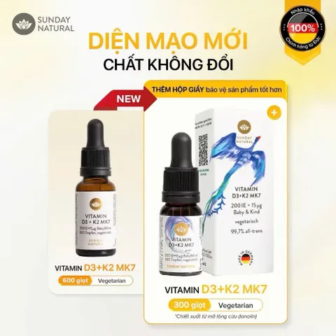 Vitamin D3 K2 MK7 200IU 15mcg Sunday Natural Đức 10ml sản phẩm thuần chay cho bé từ sơ sinh
