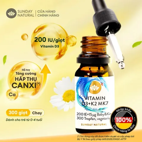 Vitamin D3 K2 MK7 200IU 15mcg Sunday Natural Đức 10ml sản phẩm thuần chay cho bé từ sơ sinh