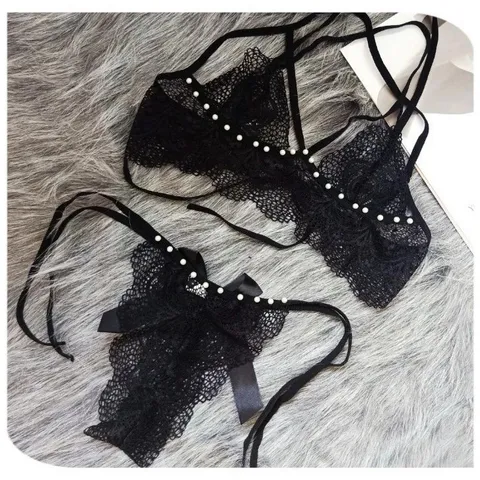 Đồ Lót Nữ Ren Xuyên Thấu Đính Hạt Đáng Yêu Quyến Rũ Set Nội Y Lingerie Cột Dây Gợi Cảm Ngọt Ngào - T368 Đen