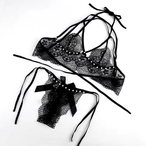Đồ Lót Nữ Ren Xuyên Thấu Đính Hạt Đáng Yêu Quyến Rũ Set Nội Y Lingerie Cột Dây Gợi Cảm Ngọt Ngào - T368 Đen